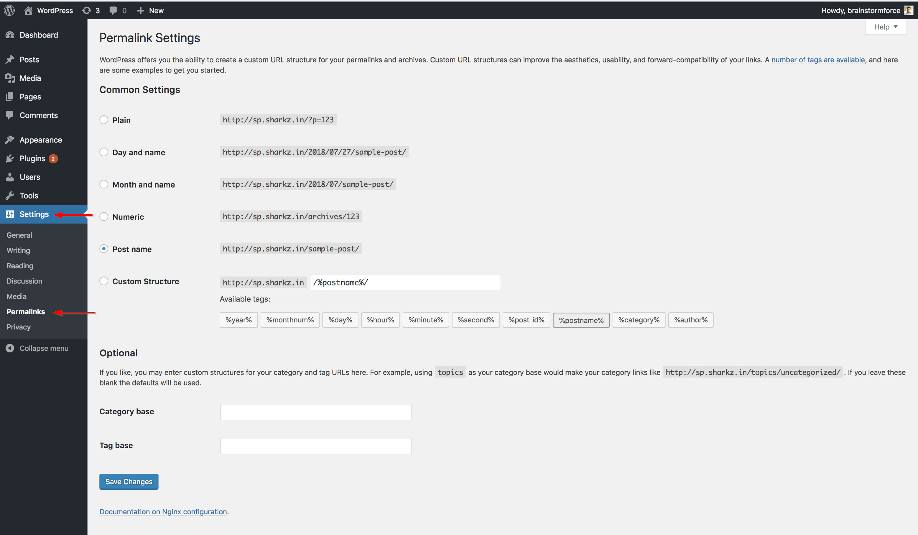 WordPress permalink settings