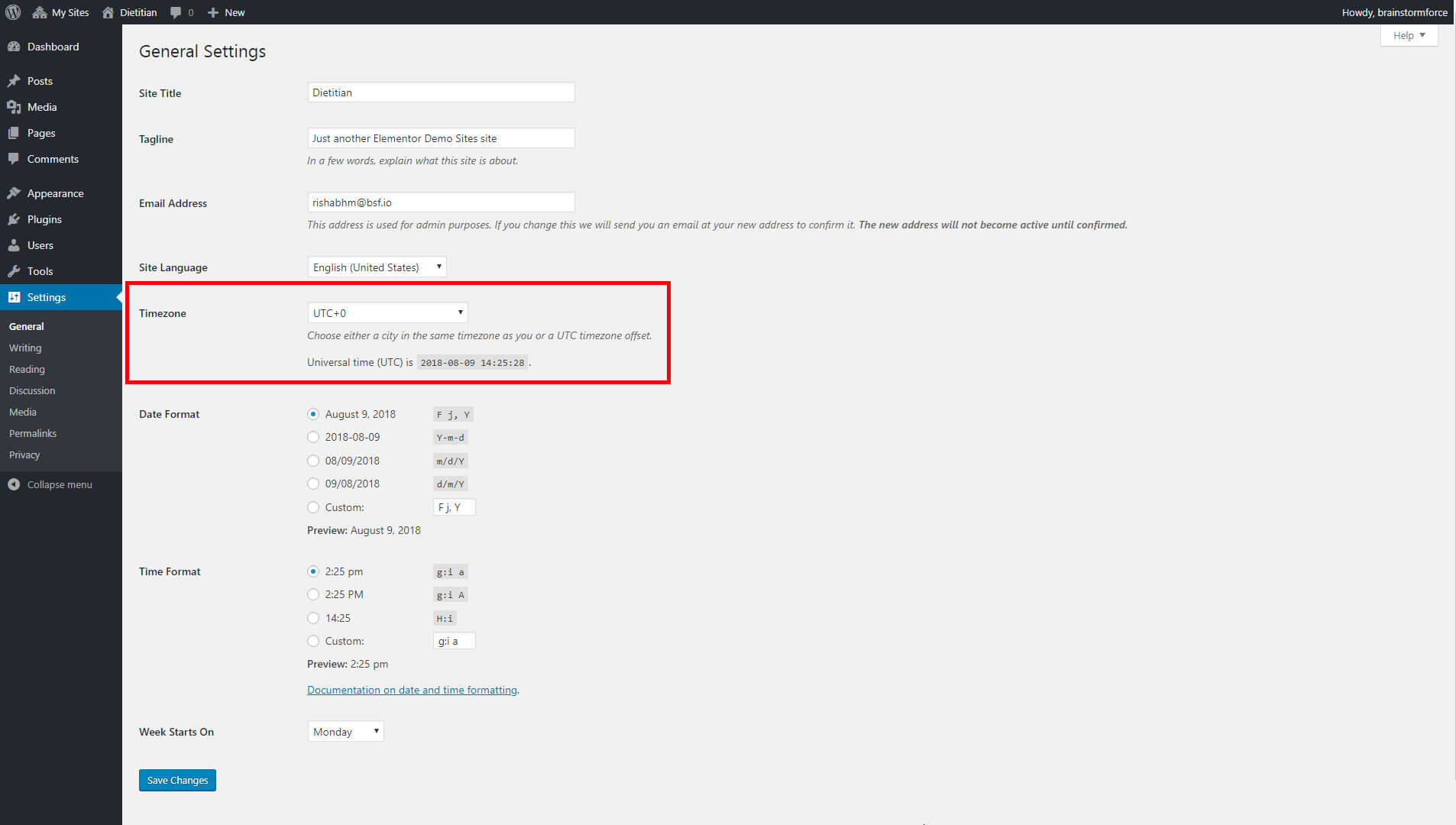 WordPress timezone setting