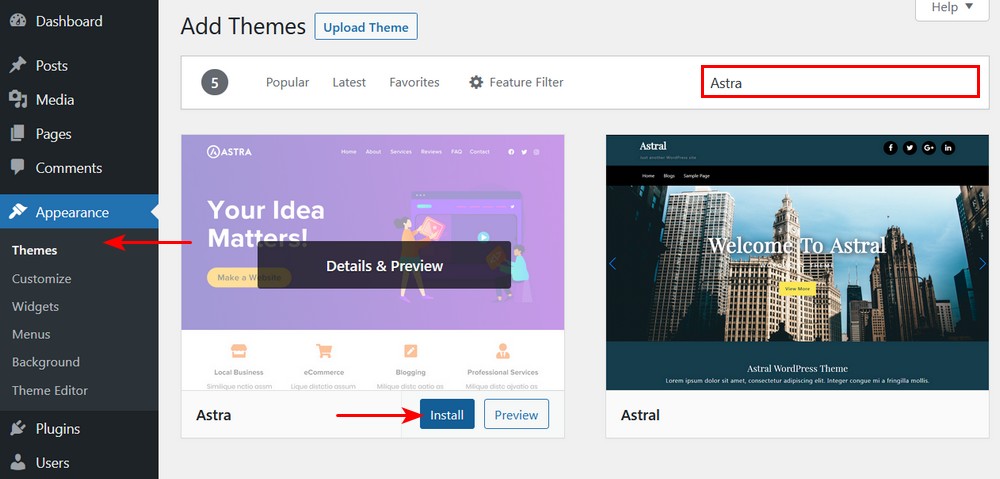 Install Astra Theme from WordPress dashboard