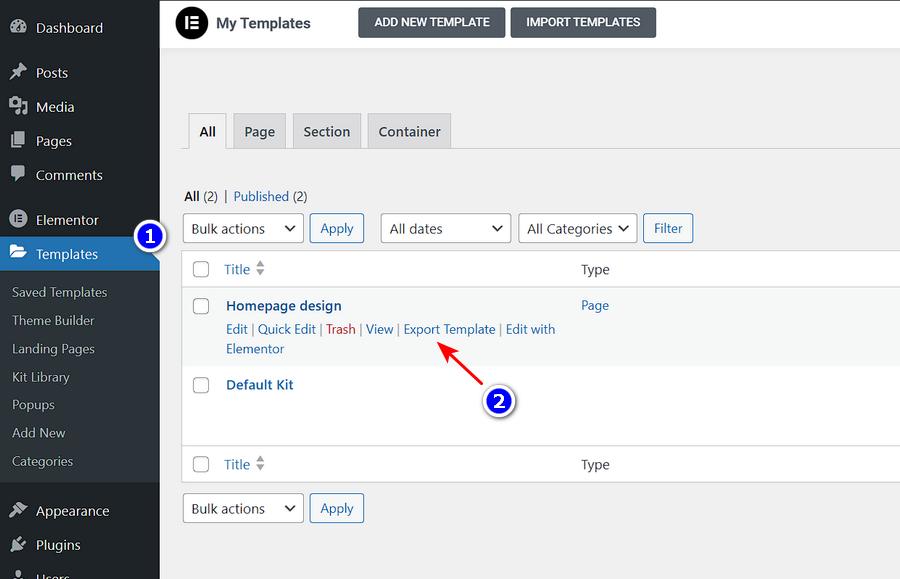 Export Elementor template