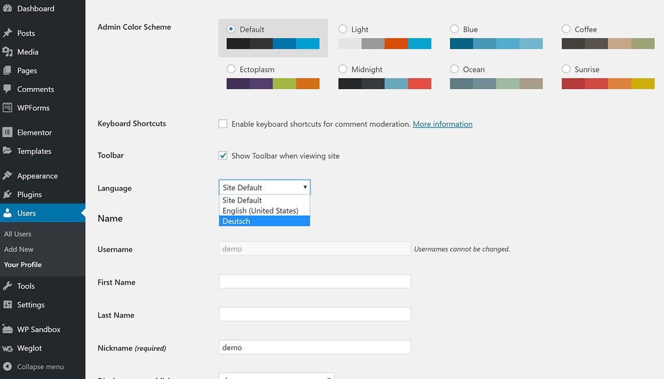 Wordpress Site Language