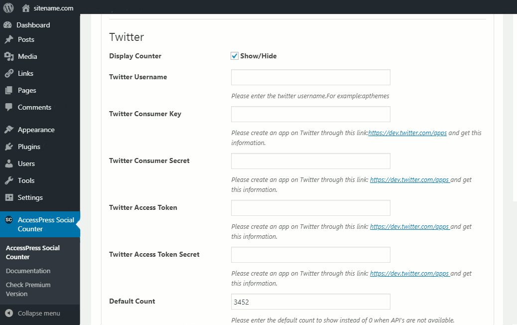 Accesspress Twitter API Settings