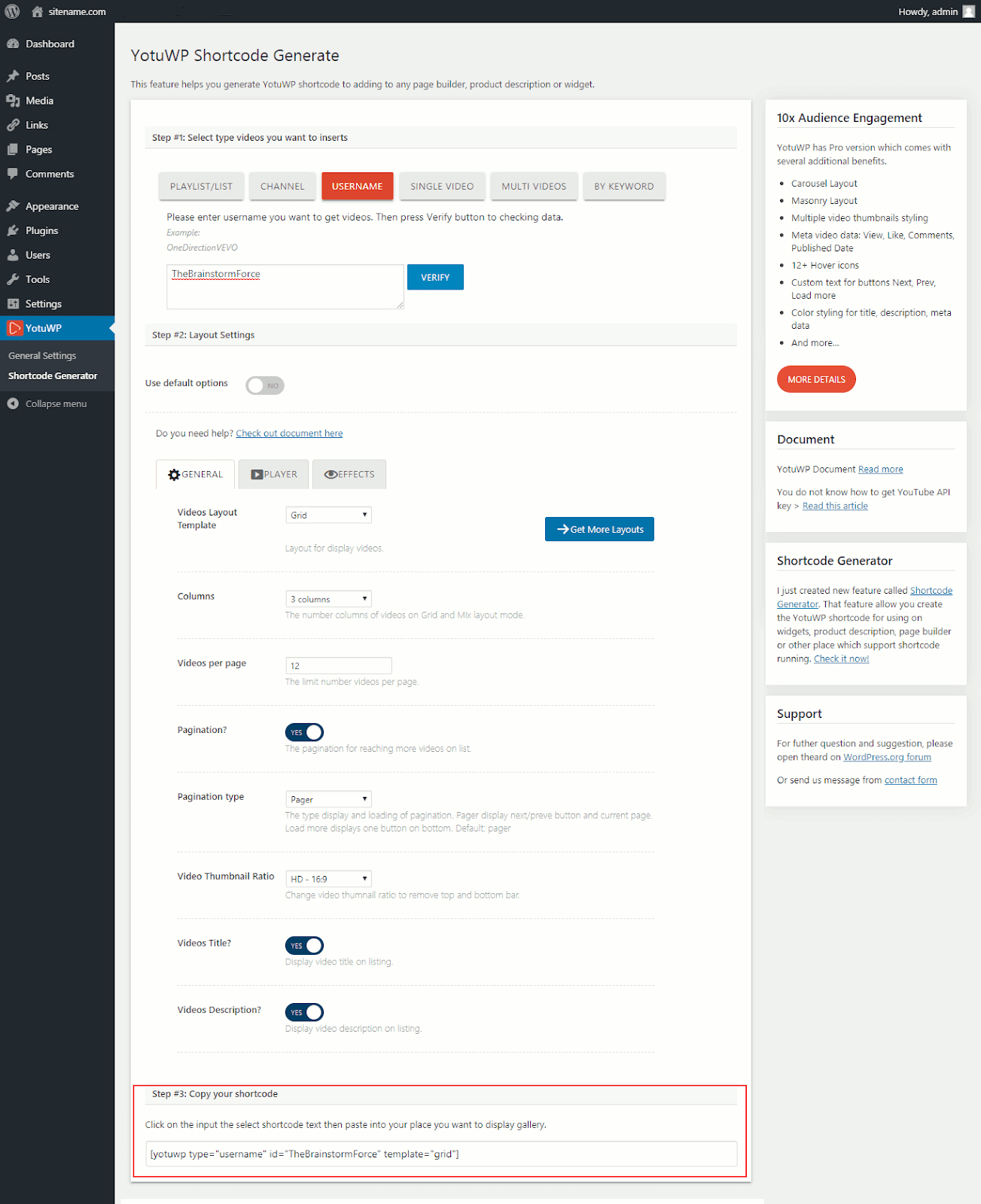 YotuWP shortcode generate