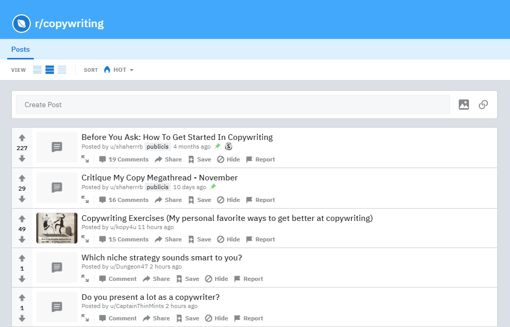 search results of copy writing on Reddit