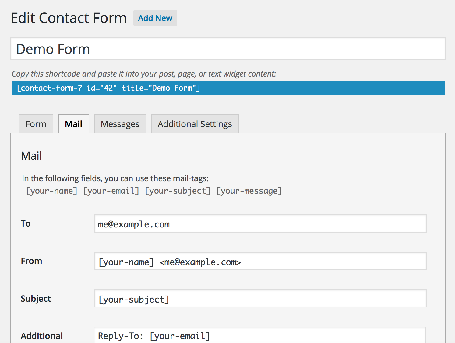 Contact form 7 Editor Screen
