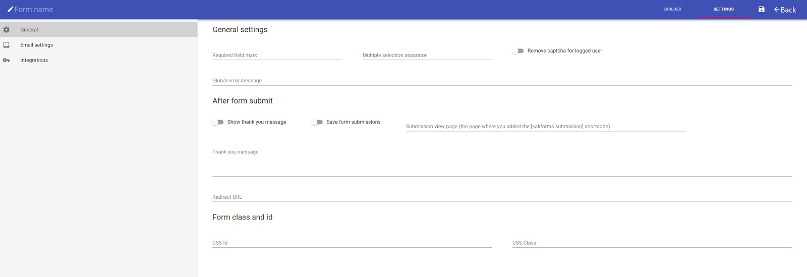 KaliForms General Settings