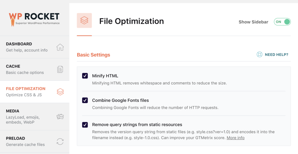 WP Rocket back end File Optimization menu