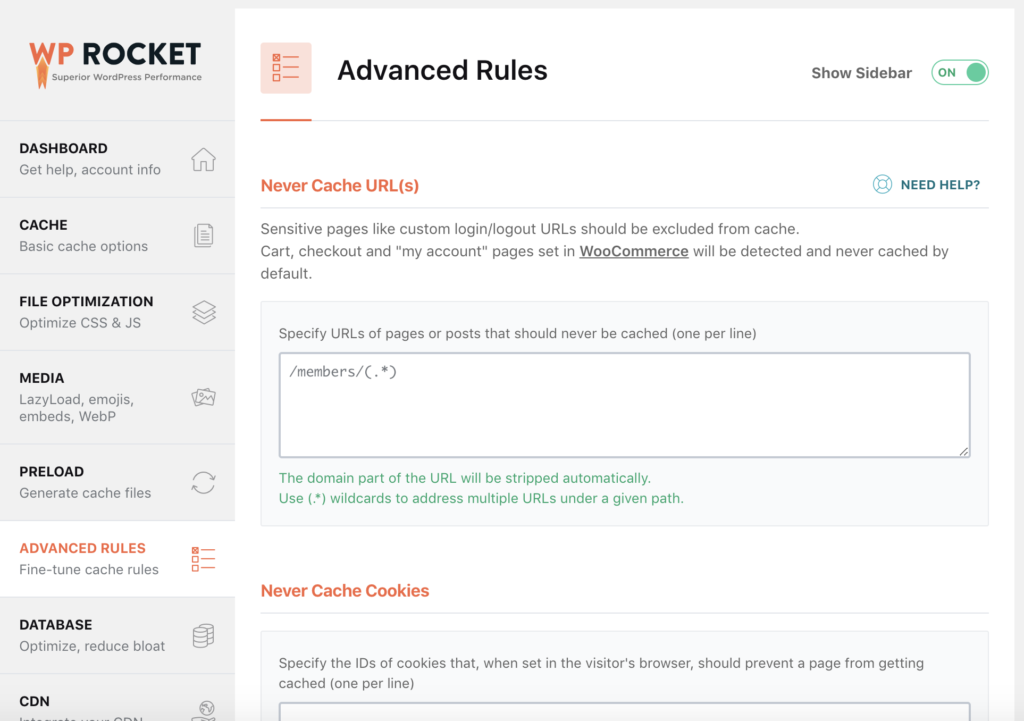 WP Rocket back end Advanced Rules  menu