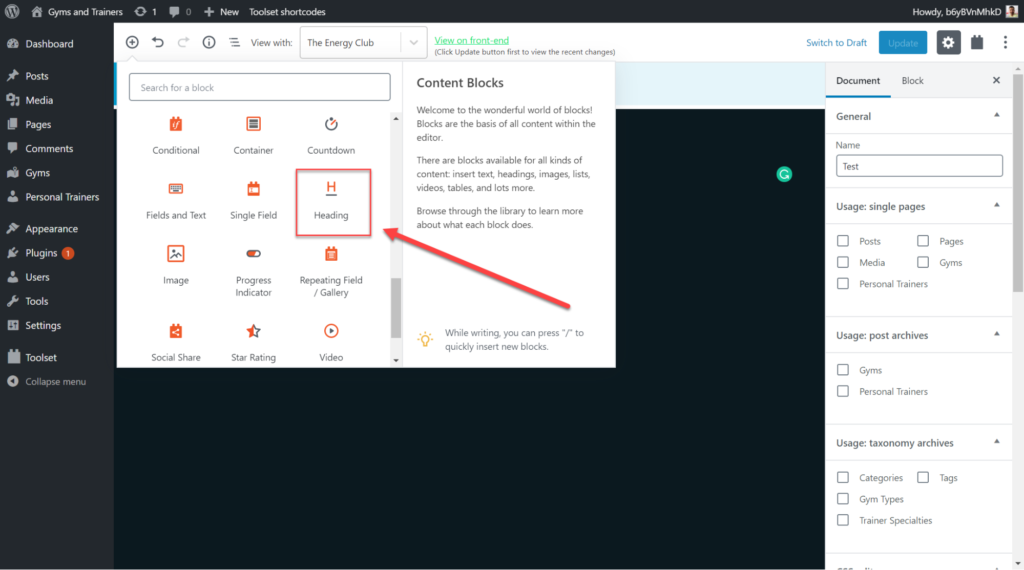 adding Toolset heading blocks