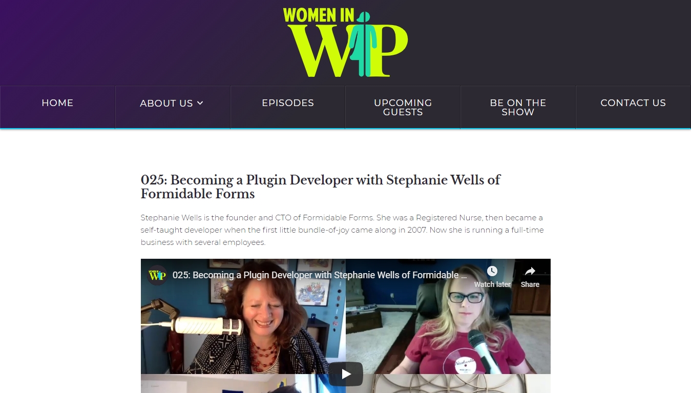 Women In WP podcast homepage with the latest episode post