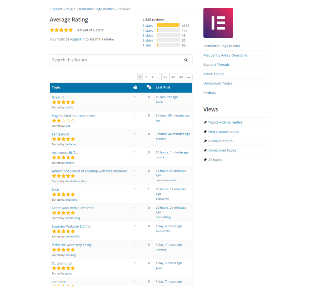 elementor reviews from wordpress.org