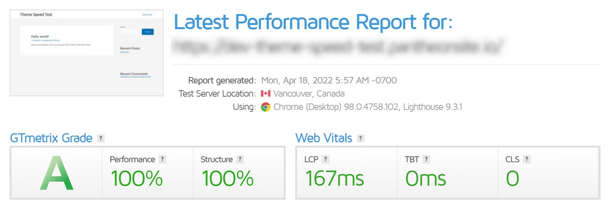 Astra theme speed test results