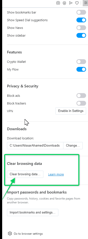 Location of clear browsing data settings on Opera browser