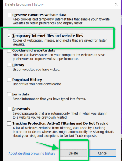 Clear cached data options on Internet Explorer browser