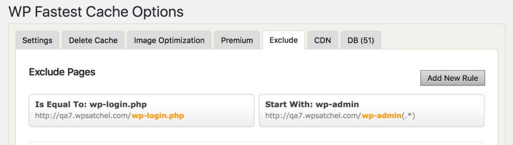 Exclude URLs in WP Fastest Cache
