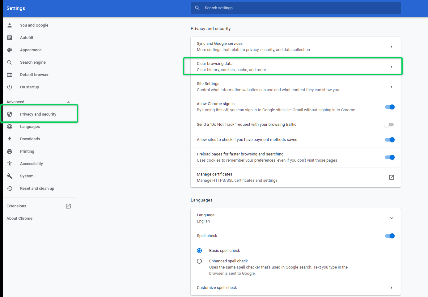 Location of clear cache settings on Google Chrome browser