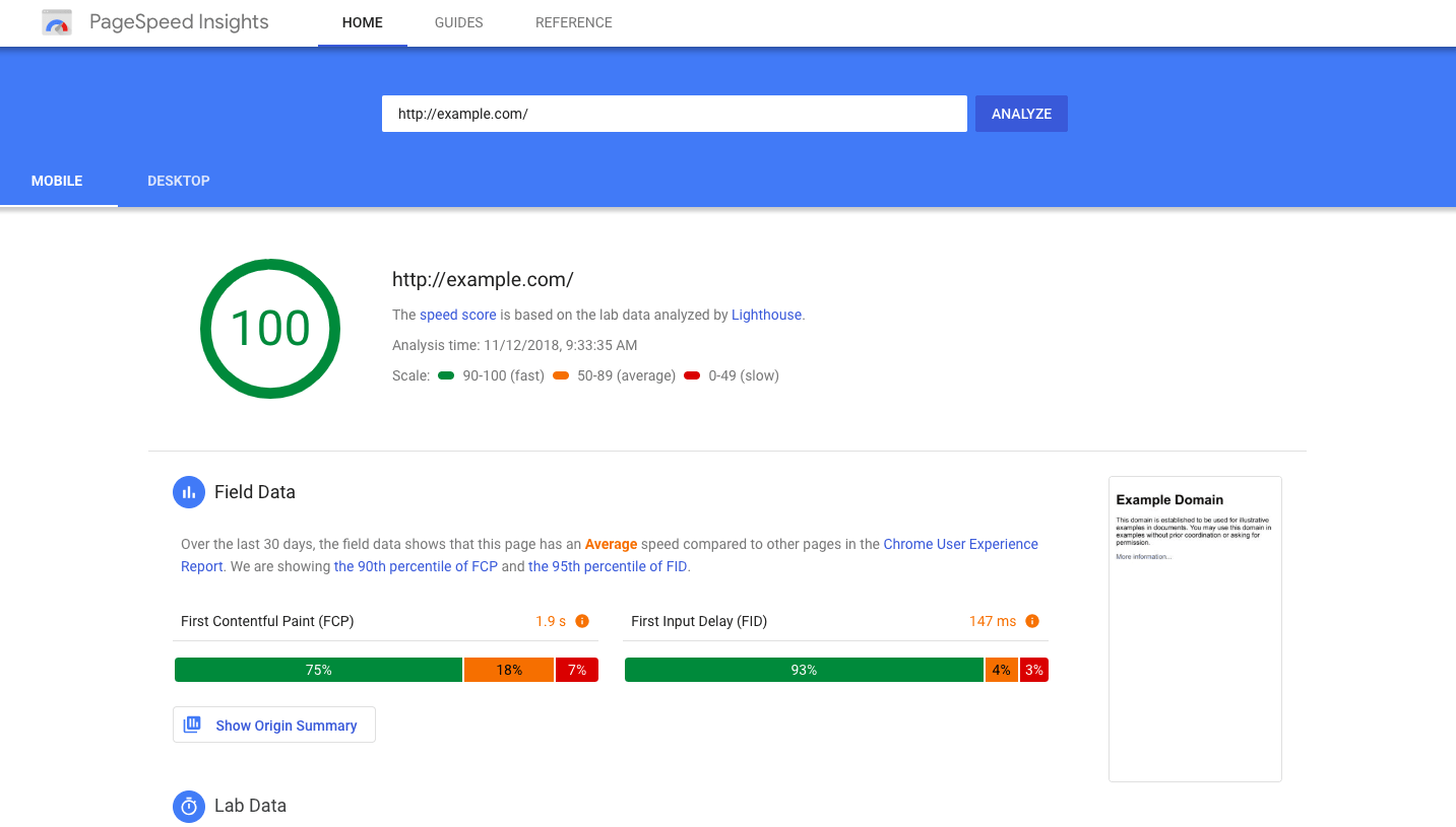 Google pagespeed insights screenshot