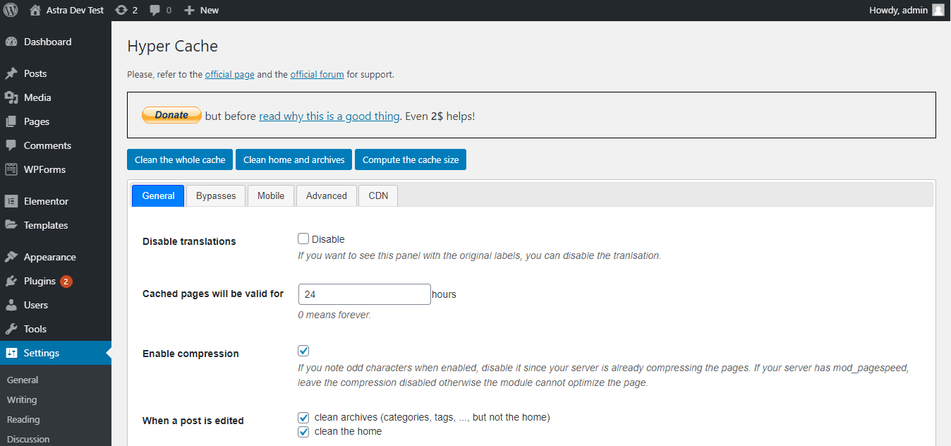 Hyper Cache settings menu from the WordPress dashboard