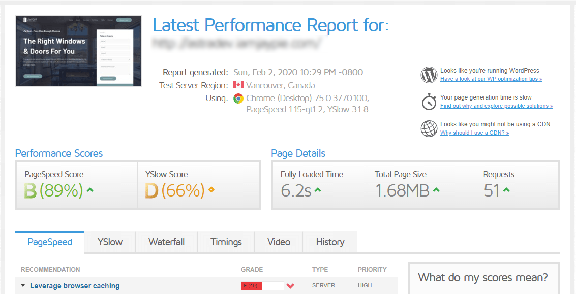 Initial speedtest results without caching plugin 