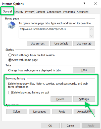 Clear cache settings on Internet Explorer