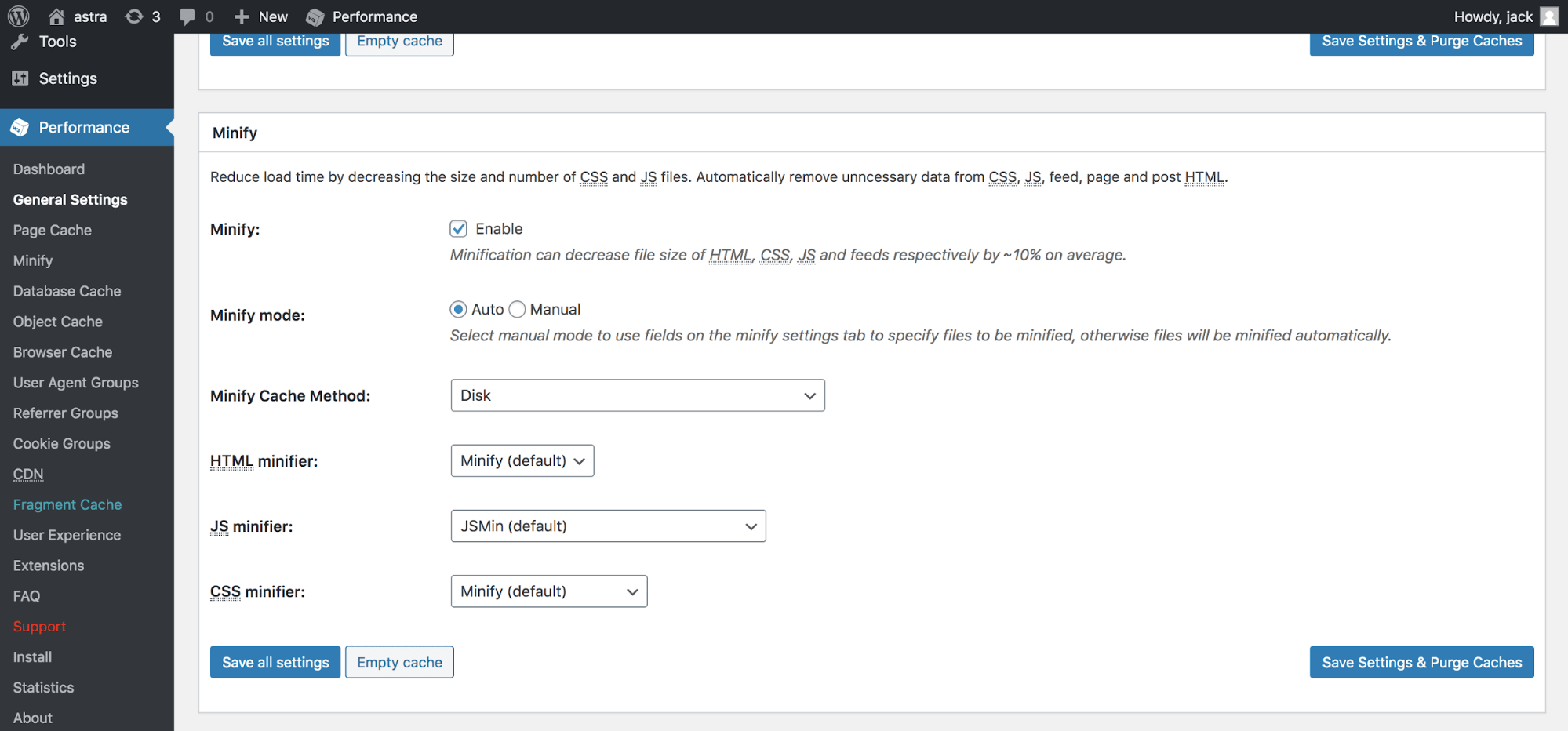 W3 Total Cache minification options screen