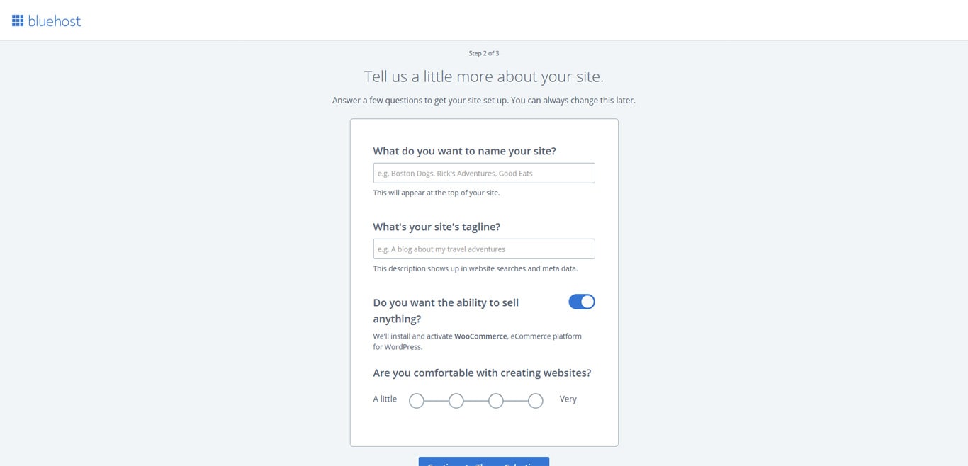 Screen asking for more information about the website after purchasing Bluehost