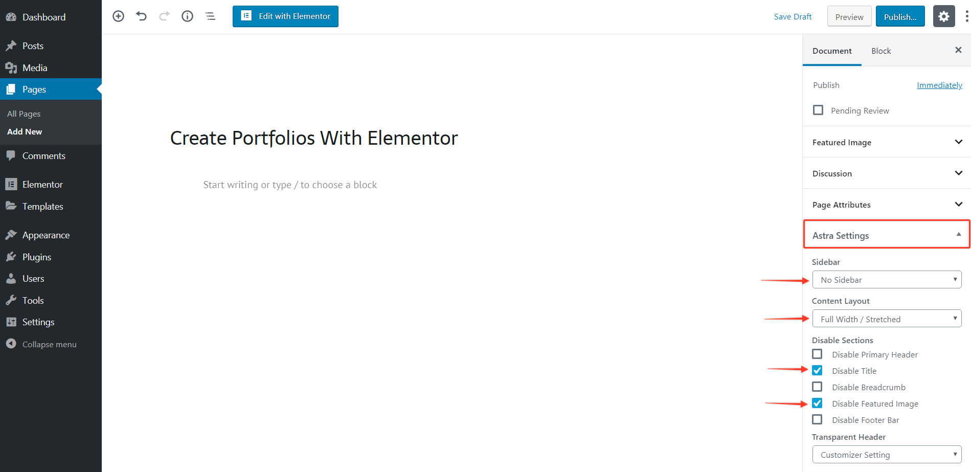 Astra settings for Page Builder