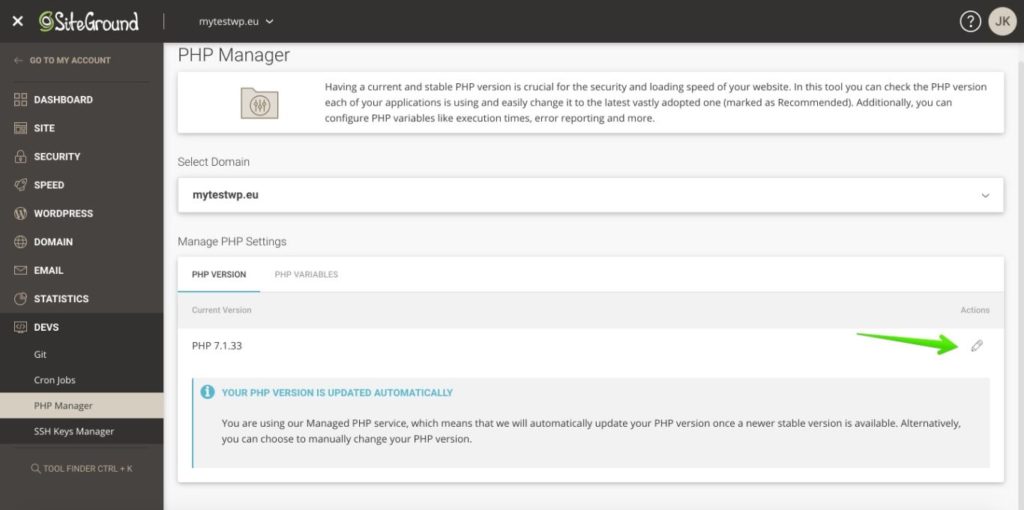 Arrow pointing to the PHP manager on the SiteGround hosting dashboard