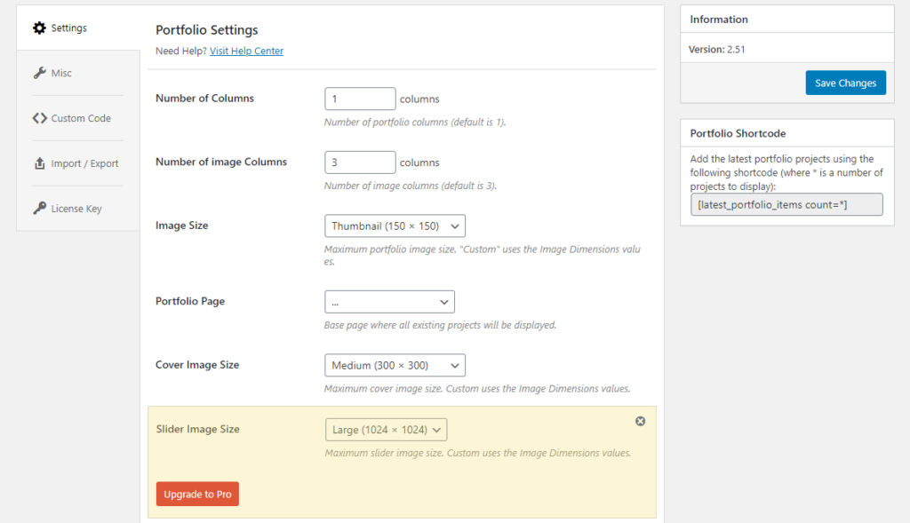 Portfolio plugin settings page