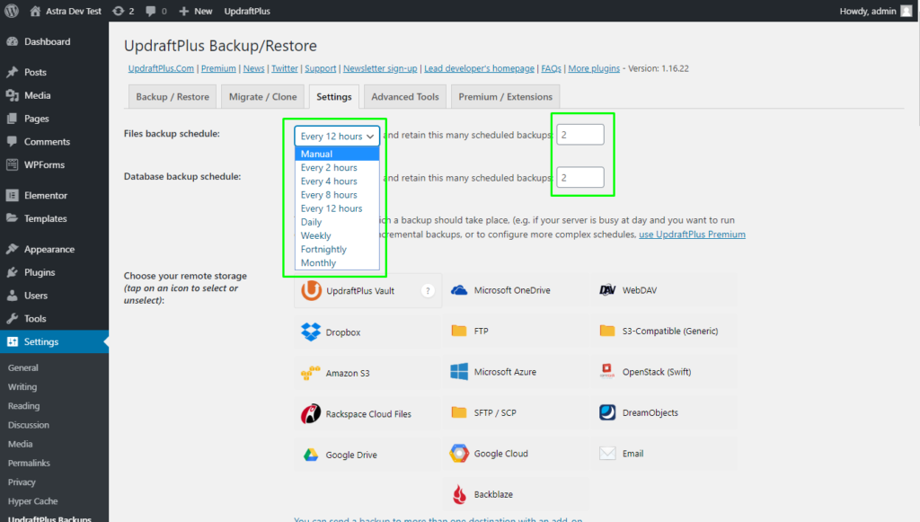 Set the frequency of backups with UpdraftPlus