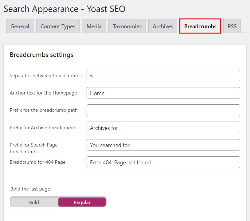 Yoast Breadcrumbs settings