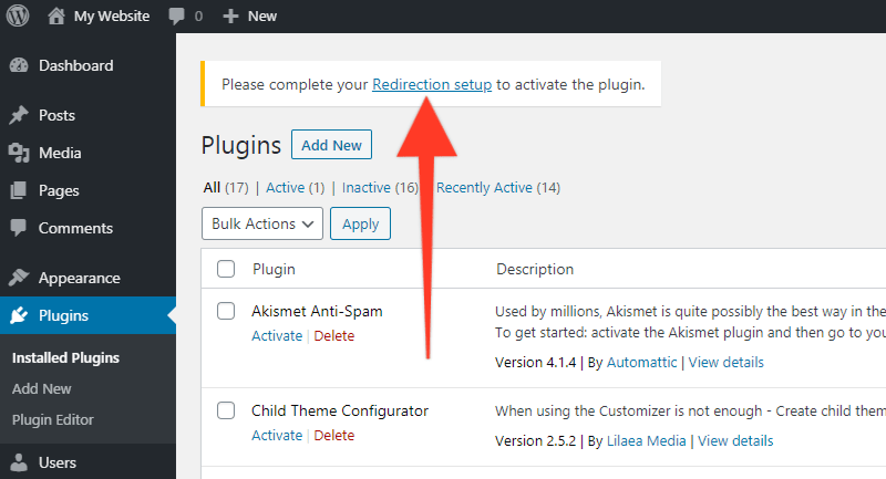 Link to complete the setup of the Redirection plugin