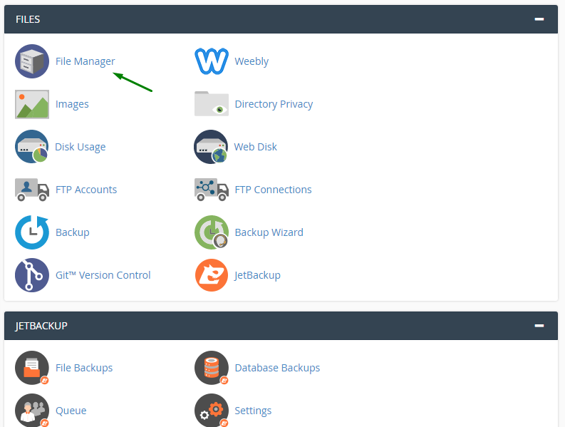 Arrow showing the File Manager on the hosting's cPanel