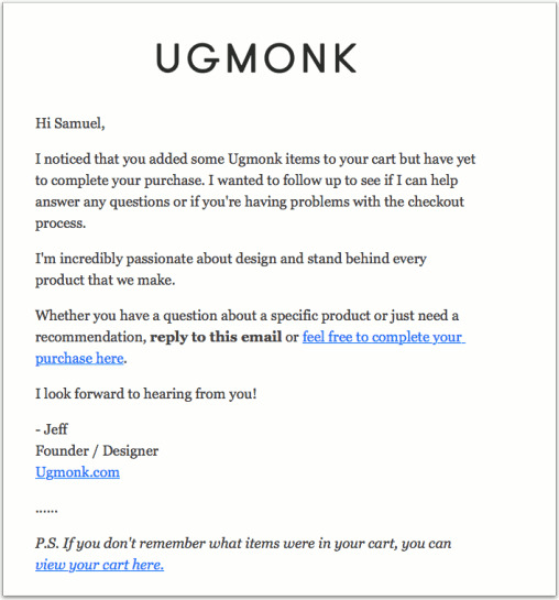 Personalized email from Ugmonk