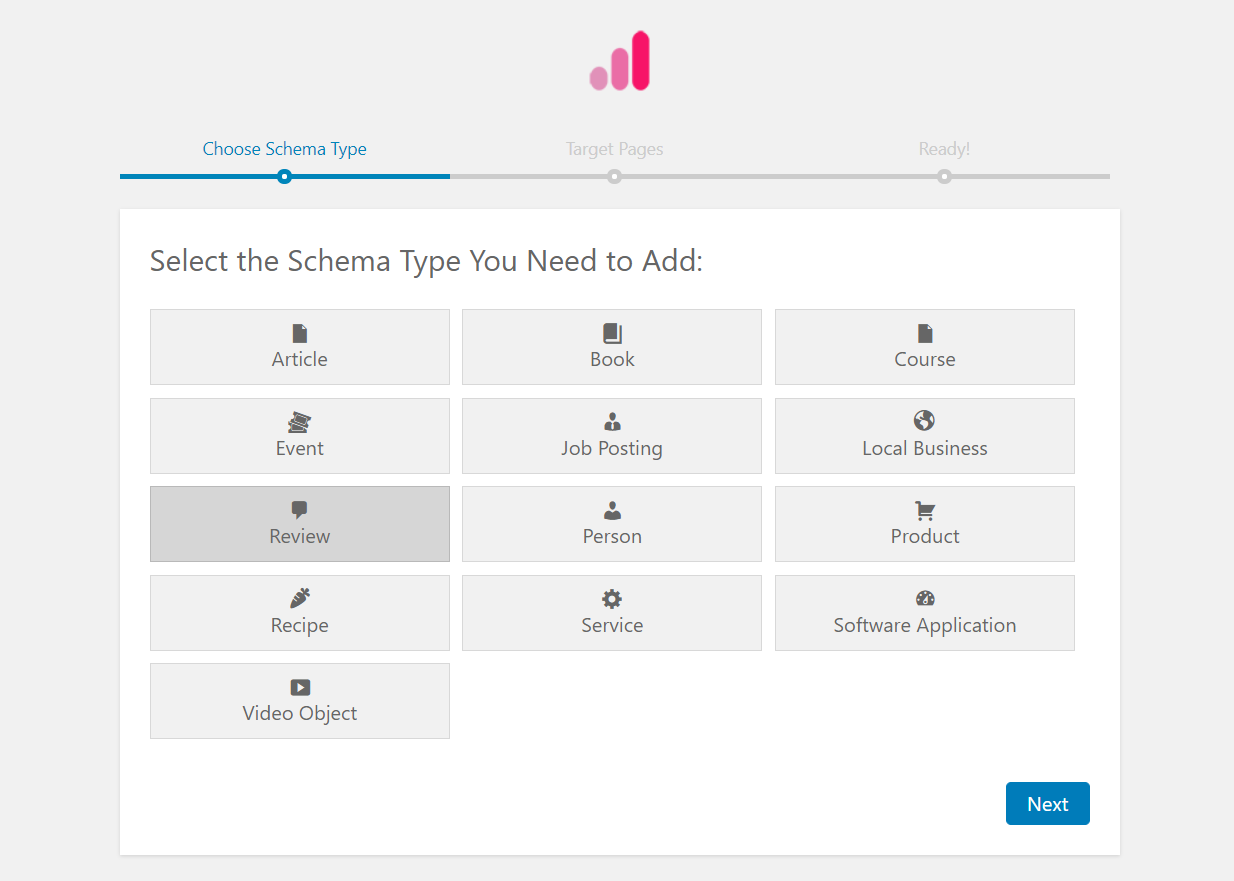 Selecting a type of schema markup to add using Schema Pro