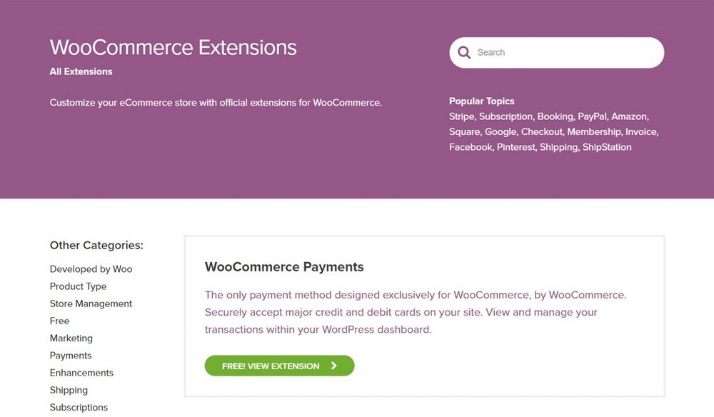 WooCommerce Extensions page