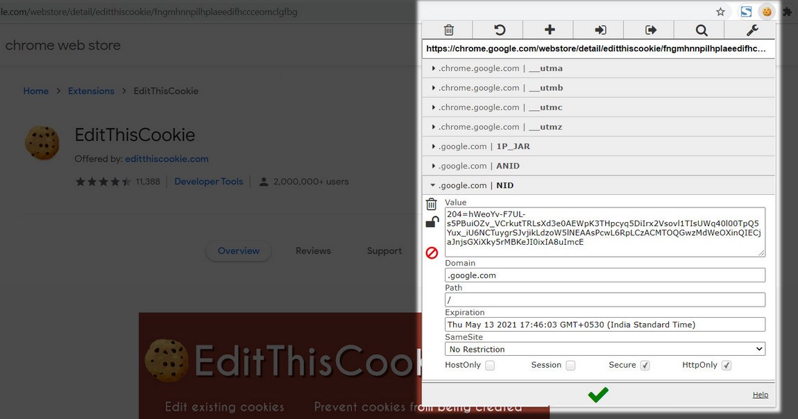 Editthiscookie chrome extension