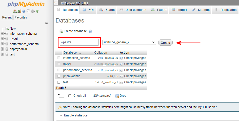 WAMP WordPress database setup 3