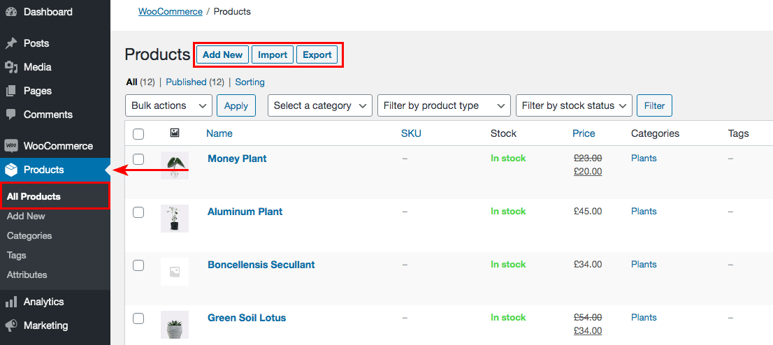 woocommerce products dashboard