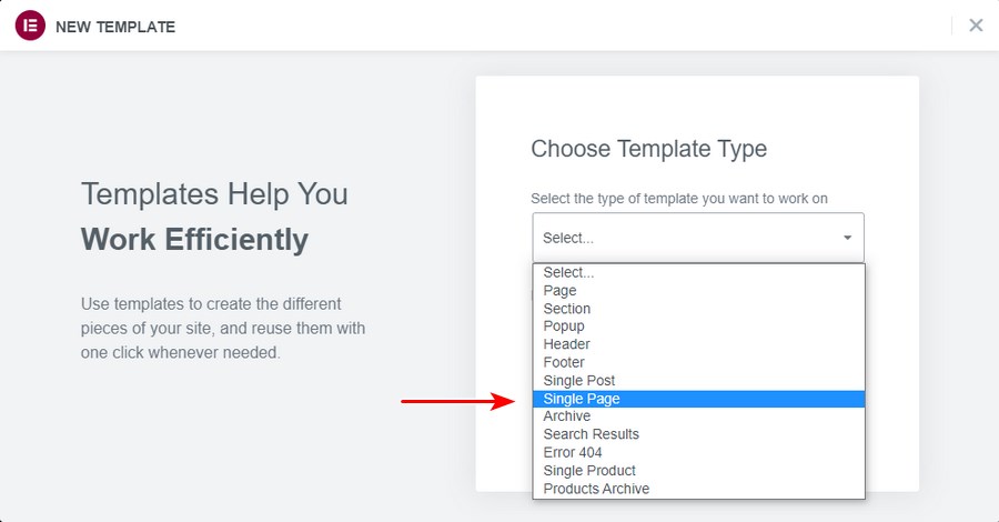 Create new single page template Elementor