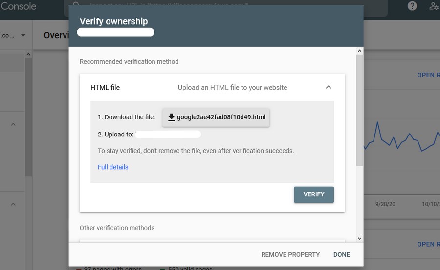 Google Search console site verification methods