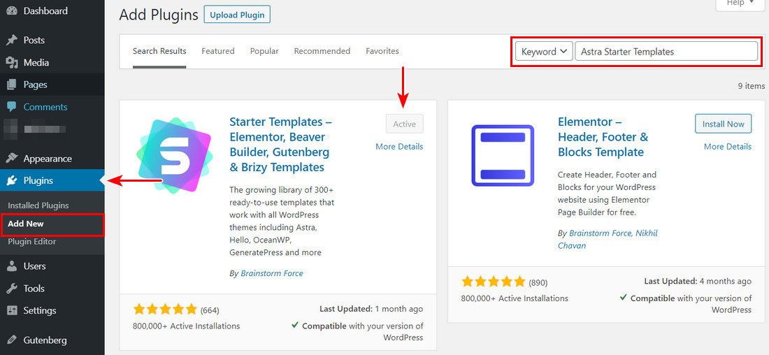 Install Astra starter templates