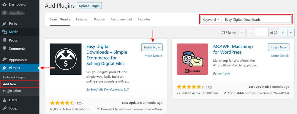 Install Easy Digital Downloads wordpress plugin