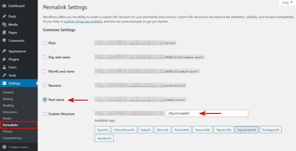 WordPress permalink settings