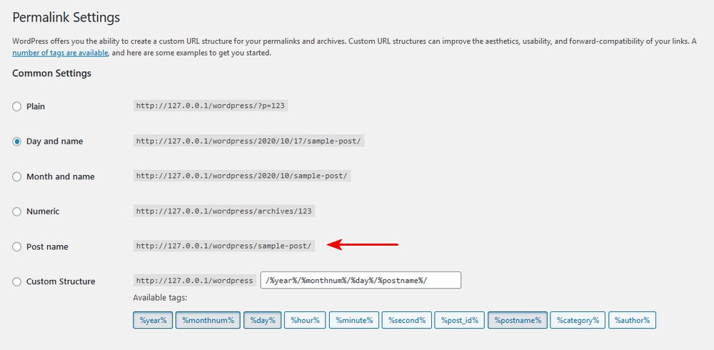 Wordpress permalink setting