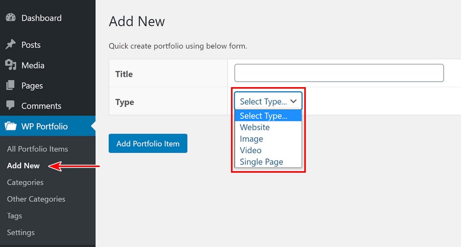 Add new portfolio using WP Portfolio