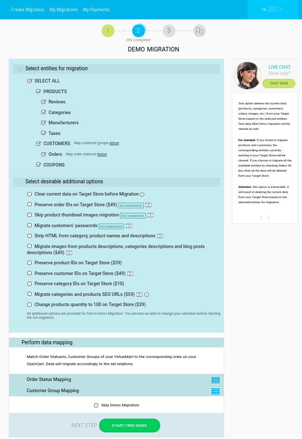 Cart2Cart migration setting