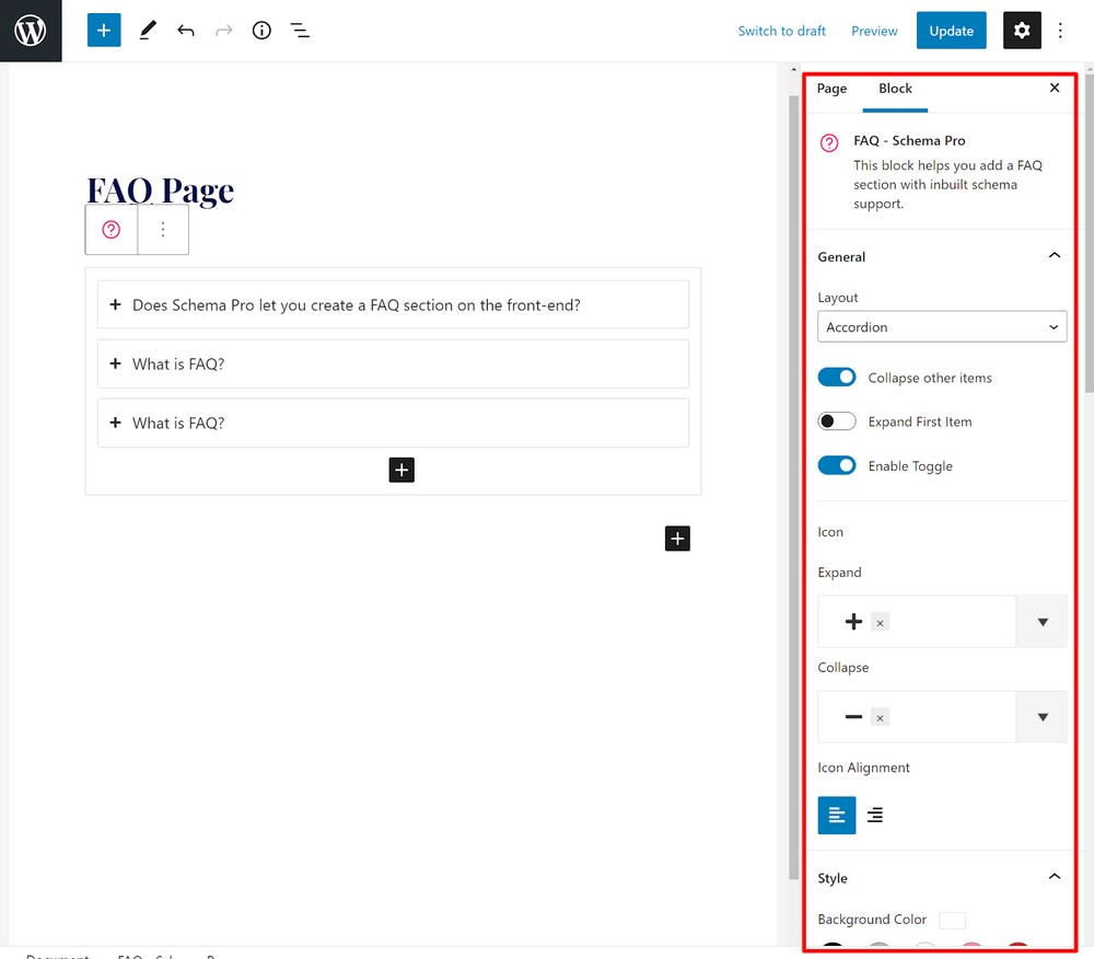 FAQ schema block setting 3