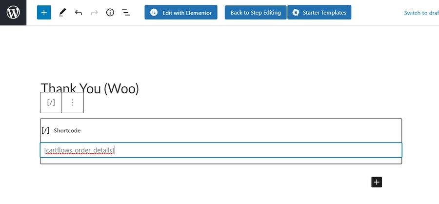 CartFlows add shortcode in thank you page