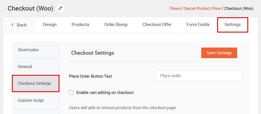 CartFlows checkout settings